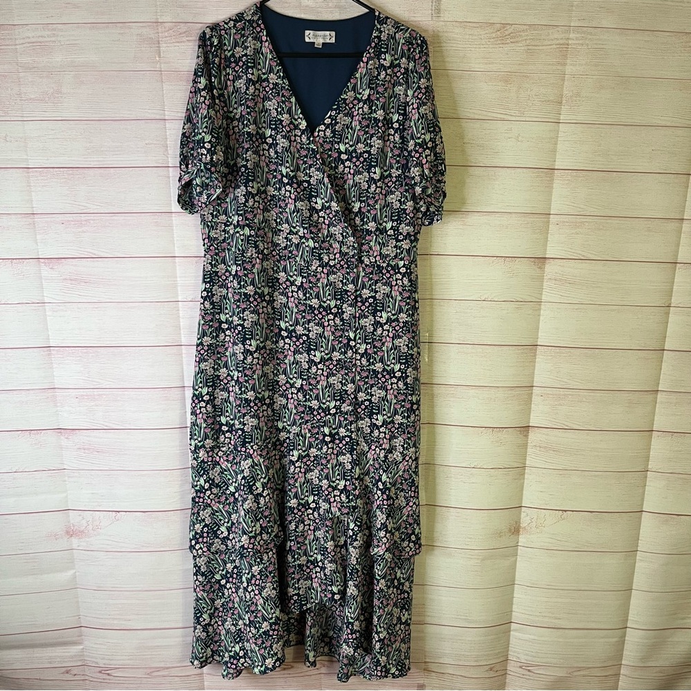 Nanette Lepore Floral Surplice Neck Short Sleeve Tiered ‎ Maxi Dress Size 14